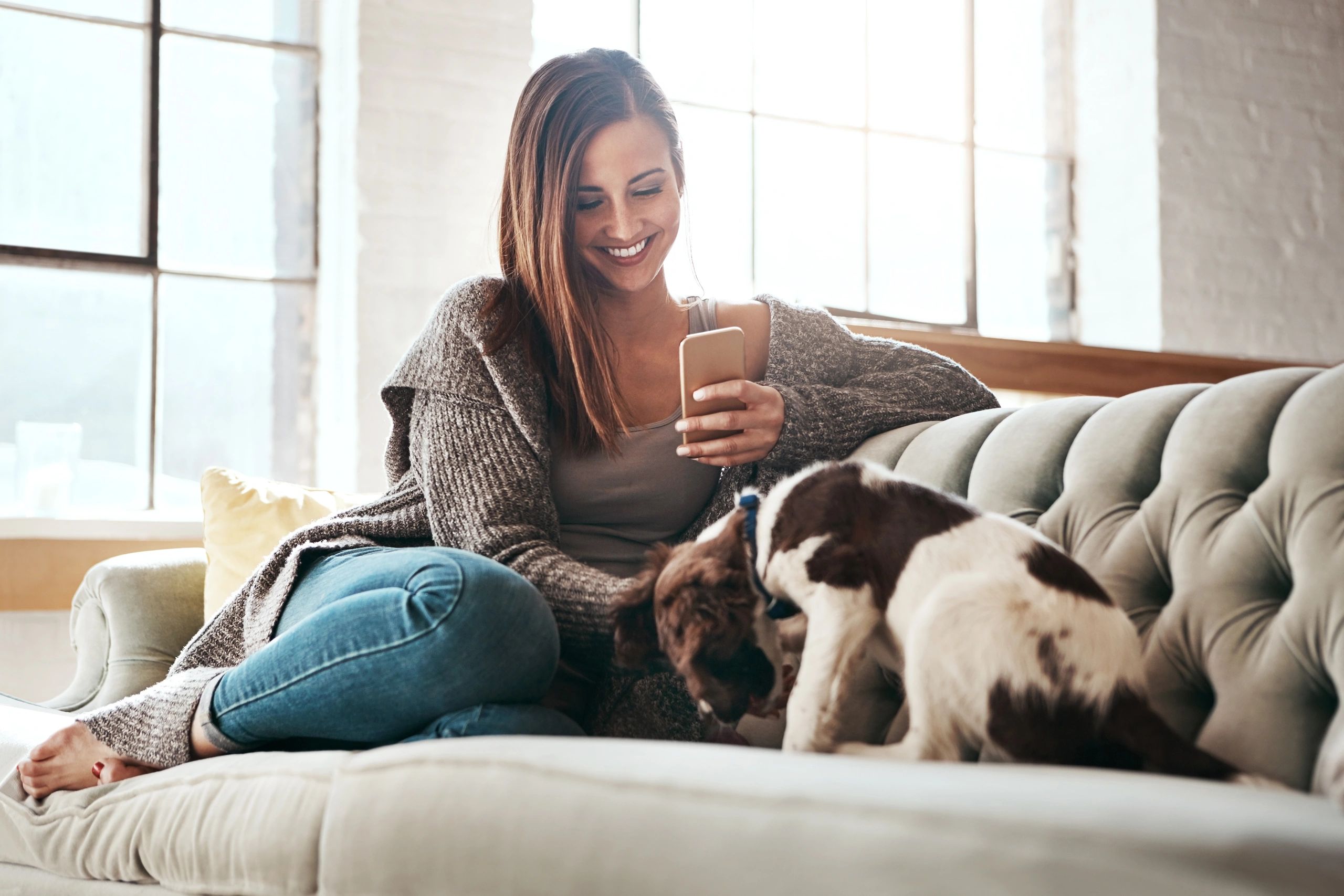 Pet owner using a smartphone at home with a dog nearby